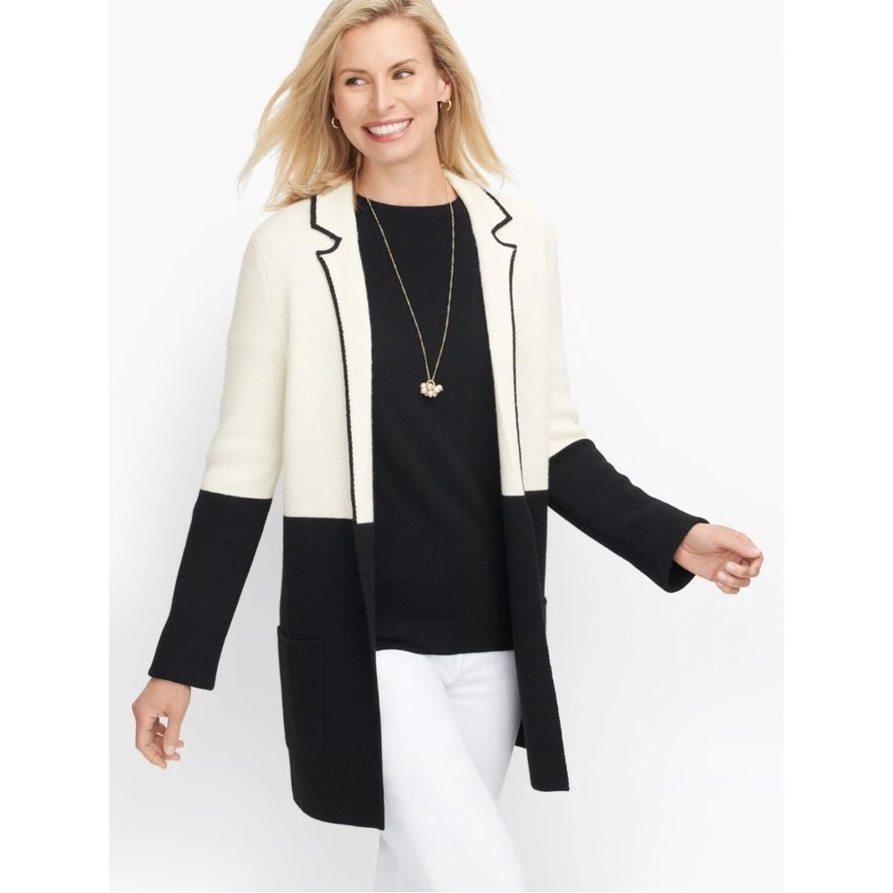 Talbots Colorblock‎ Open Sweater Cardigan Jacket White & Black career mature
